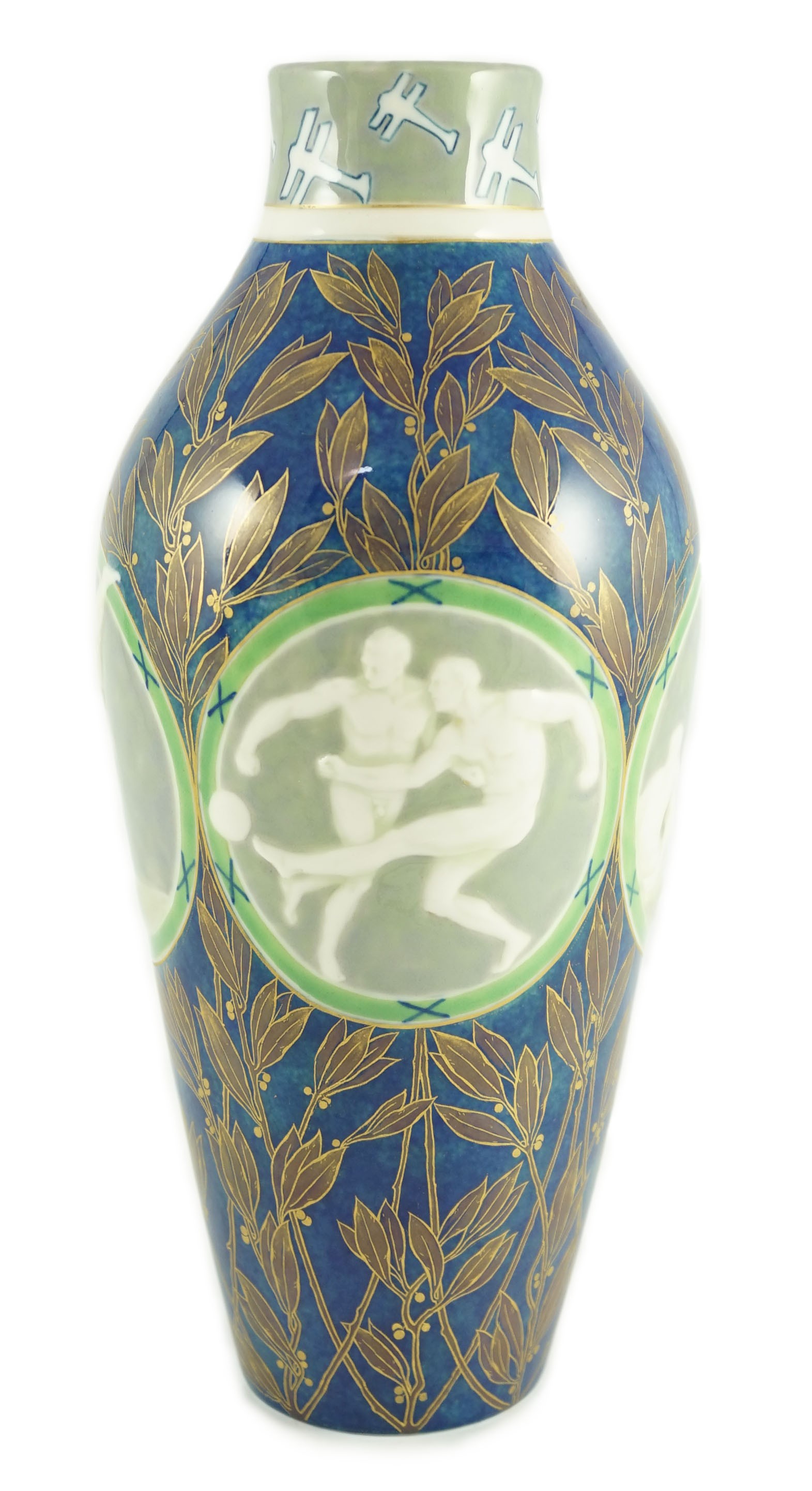 A good Sevres pate-sur-pate vase, presented to Gold Medal winners at the 1924 Paris Olympics, designed by Guillonet, executed by Bracquemond, 33.5cm high
